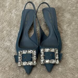 Cute Y2k Style Blue Kitten Slingback Heels with Crystal Buckle Embellishment